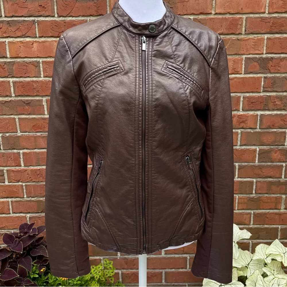 Dark Brown Faux Leather Jacket Stretchy Fabric Fitted Moto Biker Women’s M